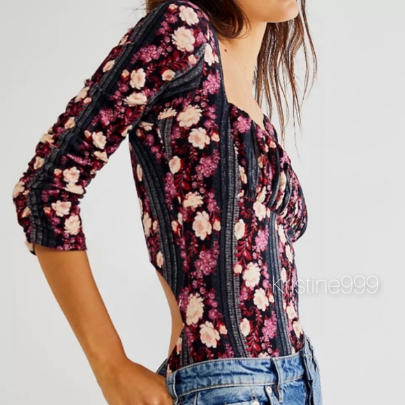 Free People Center Stage Open Back Printed Bodysuit in Black Purple Cream Floral - Picture 3 of 8